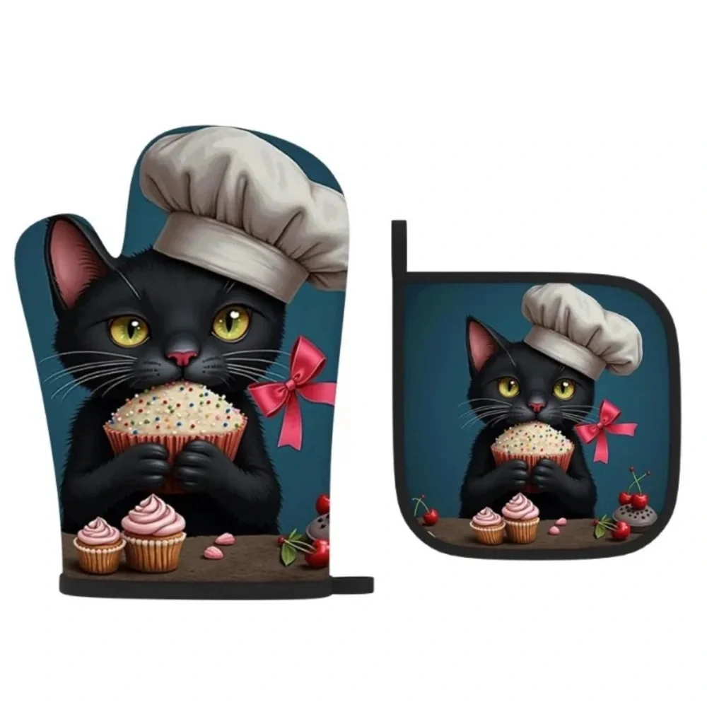 Black Cat Chef w Pink Bow Oven Mitt and Pot Holder Set